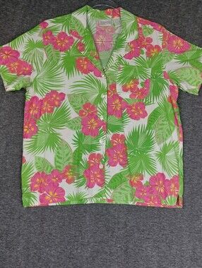 Erika Womens Green Pink Tropical Floral Hawaiian Button Front Shirt Size Small